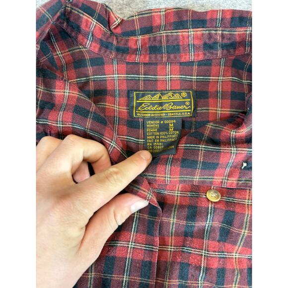 VINTAGE Eddie Bauer Flannel Shirt Women Medium Red Plaid Relaxed Fit Outdoor 90s - Picture 6 of 7